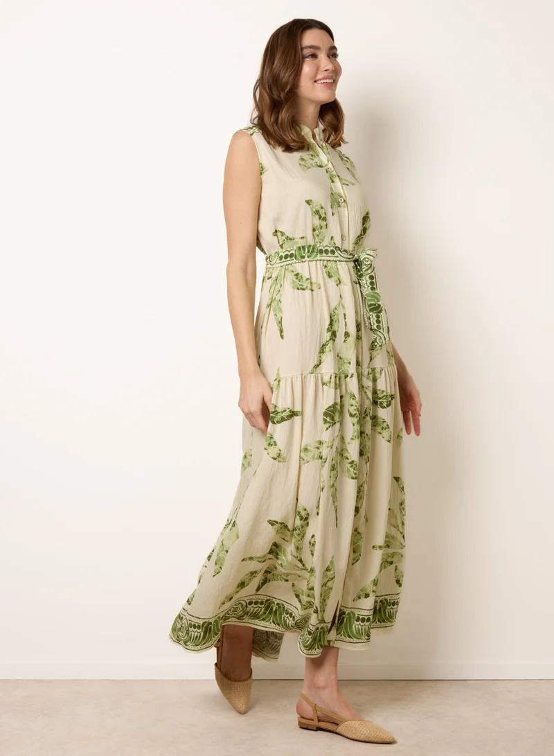 Blue Vanilla Leaf Print Collarless Shirt Dress With Belted Waist